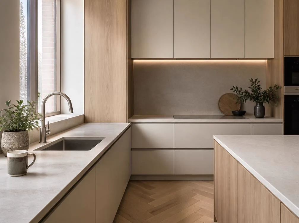 Cuisine contemporaine terminée, matériaux naturels et plan de travail dégagé sous une lumière latérale douce.