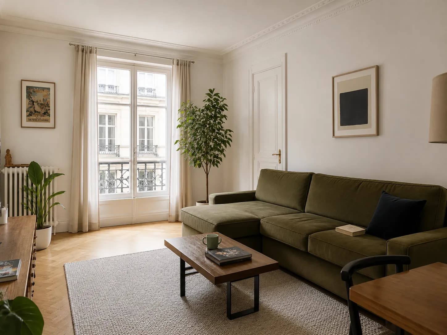 Séjour d'appartement rénové : parquet à bâtons rompus, moulures au plafond et grande fenêtre donnant sur un balcon.
