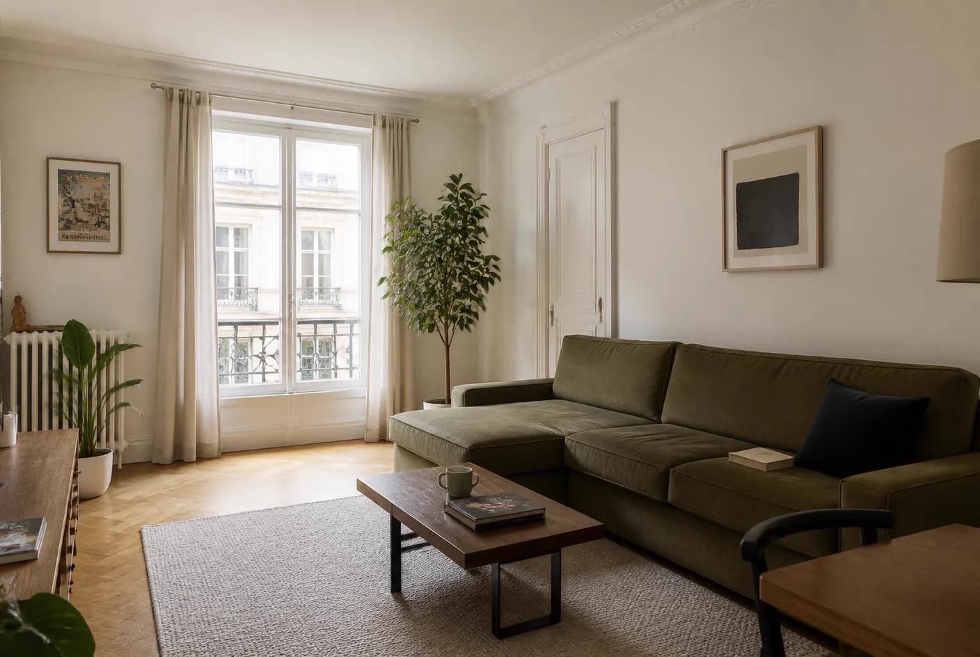 Séjour d'appartement rénové, parquet clair et grande fenêtre baignée de lumière du matin.