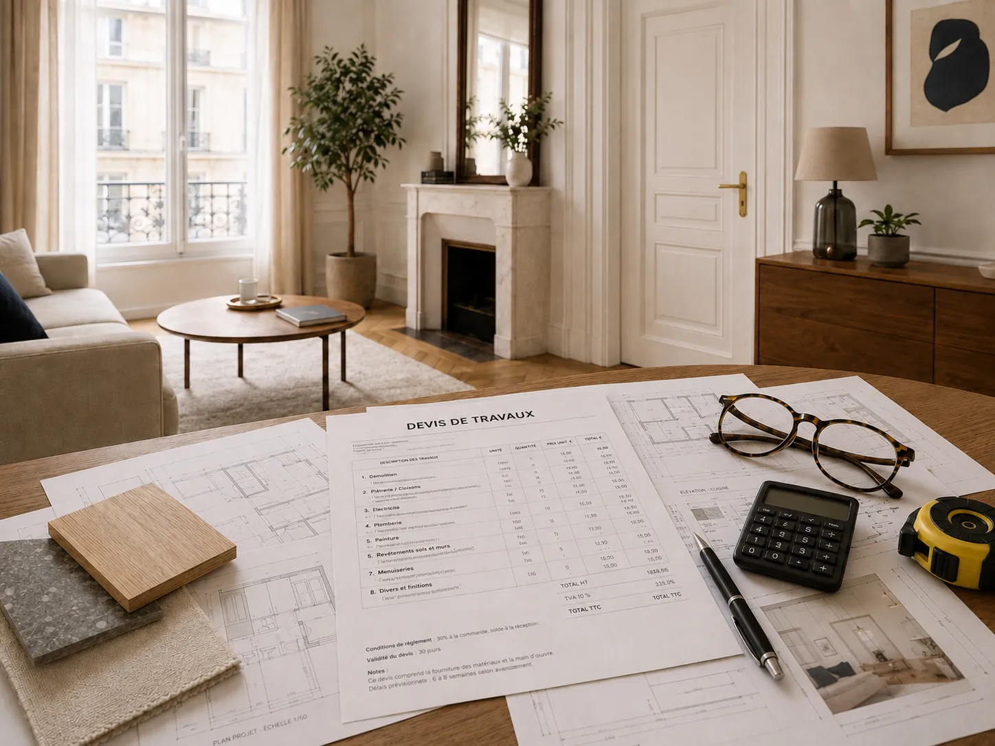 Un devis de travaux détaillé posé sur une table, entouré de plans, d'échantillons de matériaux, d'une calculatrice et d'un mètre ruban.