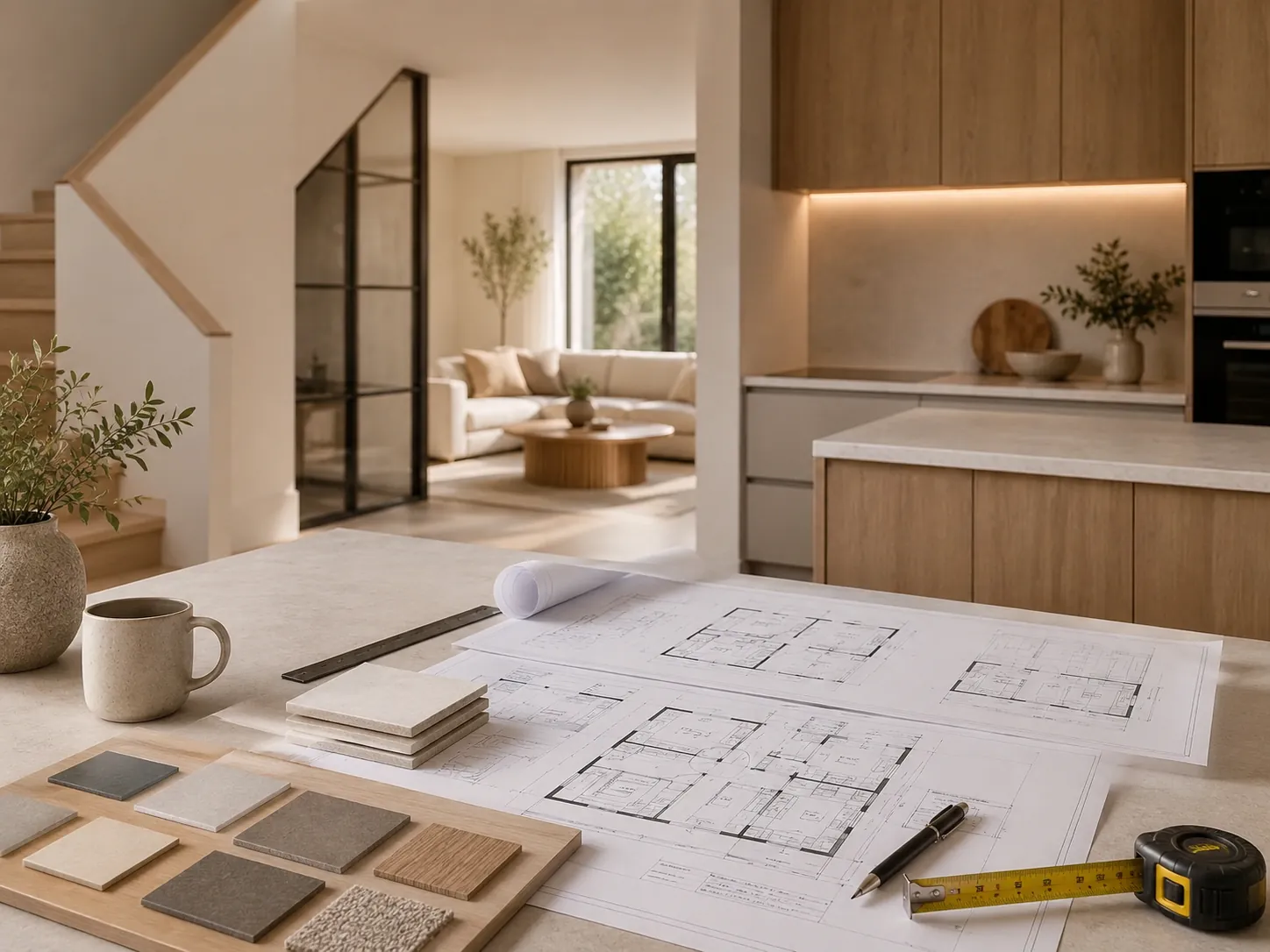 Plans d'architecte, échantillons de matériaux et mètre ruban posés sur un plan de travail, devant un séjour et une cuisine rénovés.
