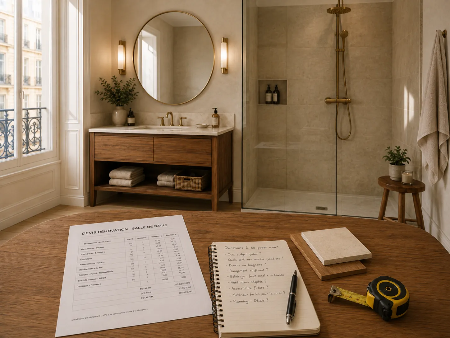 Devis de rénovation, carnet de questions et échantillons de matériaux posés sur une table, devant une salle de bain rénovée avec douche à l'italienne et meuble vasque en bois.